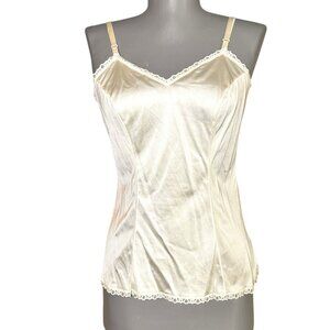 Vintage 70s Vanity Fair Ivory Nylon Camisole Lace Trim Lingerie Top Size 34, S/M